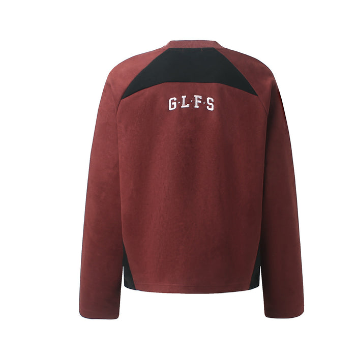 Back view of burgundy suede-texture tee with black shoulder yoke and GLFS lettering