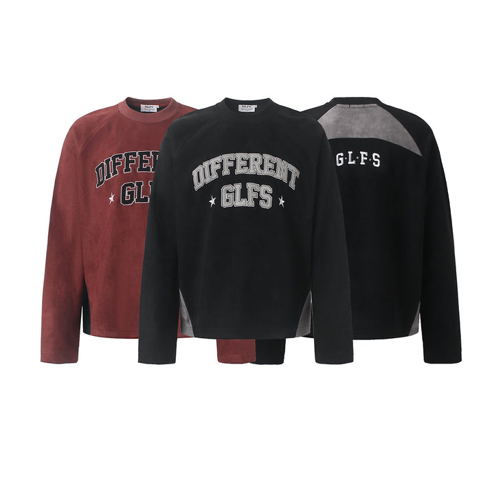 Burgundy and black suede-texture tees displayed together showing front graphics and back panels