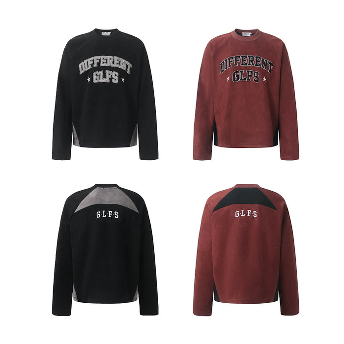 Four-view layout of burgundy and black long-sleeve tees showing front and back designs