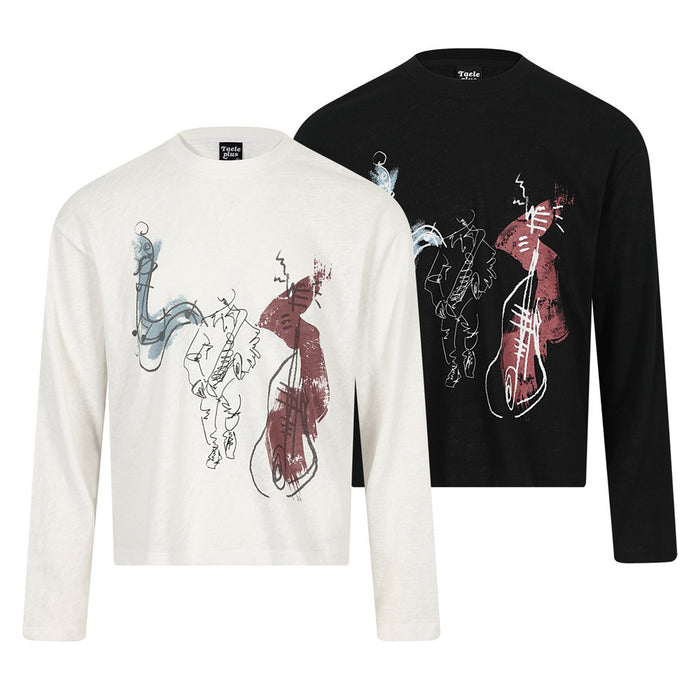White and black long sleeve crew neck T-shirts with abstract jazz musician print