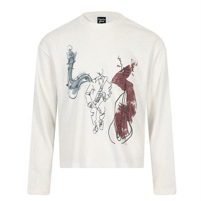 White long sleeve crew neck T-shirt with abstract jazz musician print, front view