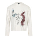 White long sleeve crew neck T-shirt with abstract jazz musician print, front view
