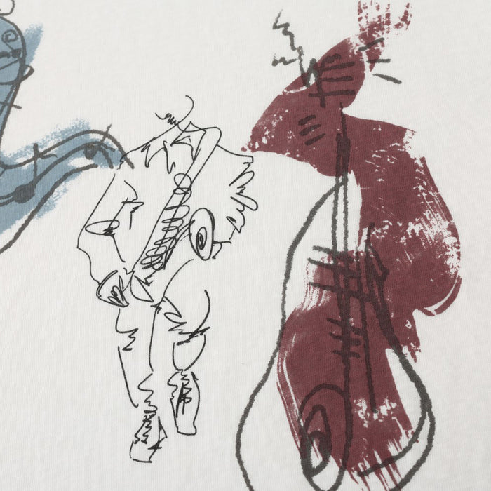 Close-up of abstract jazz musician print in blue, black, and burgundy on white fabric