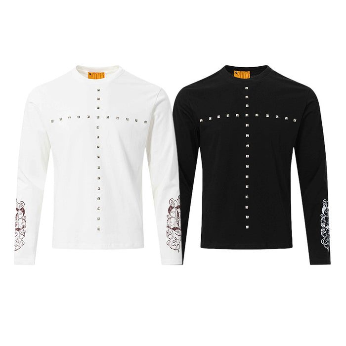 White and black long sleeve tees shown together with studded cross fronts and ornate sleeve graphics