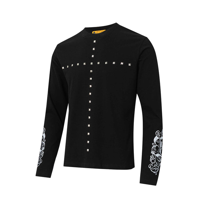 Black long sleeve tee front with silver studded cross design and ornate white sleeve graphics