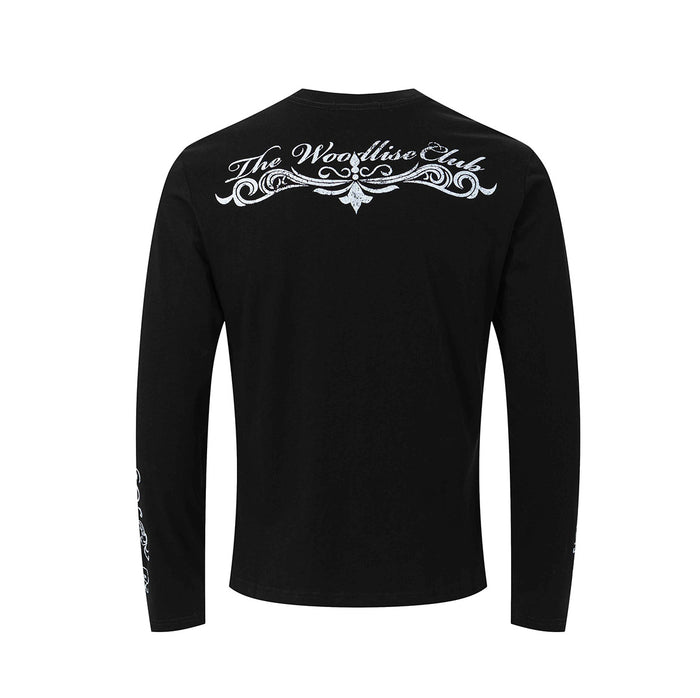 Black long sleeve tee back featuring a large white ornamental script graphic across the shoulders