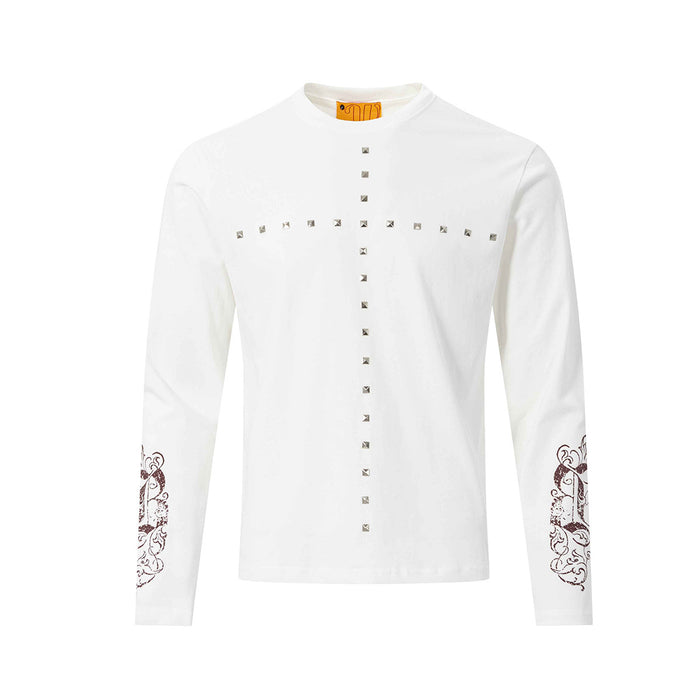 White long sleeve tee front with silver studded cross design and burgundy ornate sleeve graphics