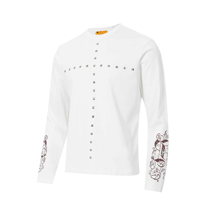 White long sleeve tee shown at an angled front view with studded cross and sleeve artwork