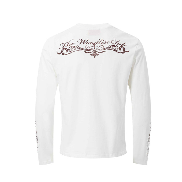 White long sleeve tee back with a burgundy ornamental script graphic across the upper shoulders
