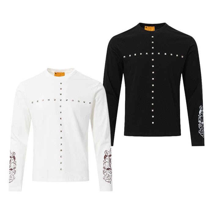 White and black long sleeve tees displayed together from the front with studded cross designs