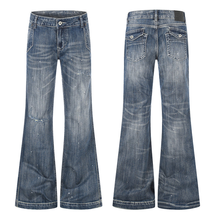 Men's punk vintage-washed distressed flare jeans with ripped knees and paint splatter detail, front and back view