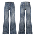 Men's punk vintage-washed distressed flare jeans with ripped knees and paint splatter detail, front and back view