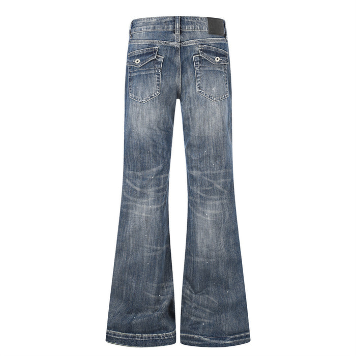 Back view of blue wide leg jeans with distressed fading and flap pockets