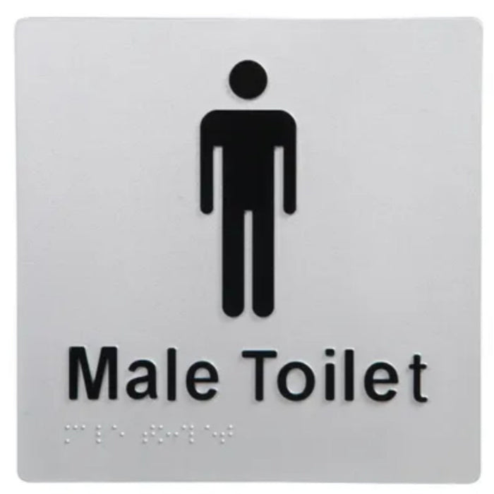 Male Toilet braille sign in silver and black, wall mounted