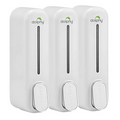 Manual soap dispenser in white, three 300ml chambers wall mounted in a row