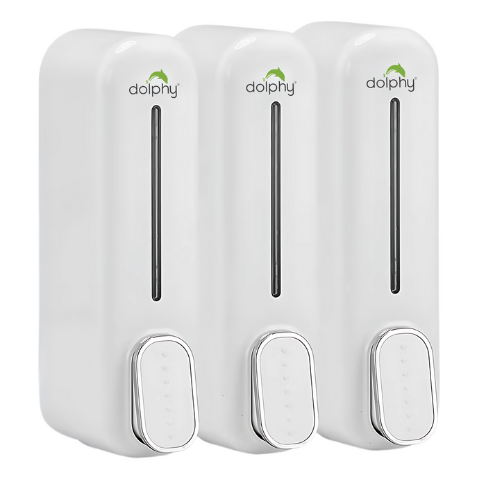 Manual soap dispenser in white, three 300ml chambers wall mounted in a row
