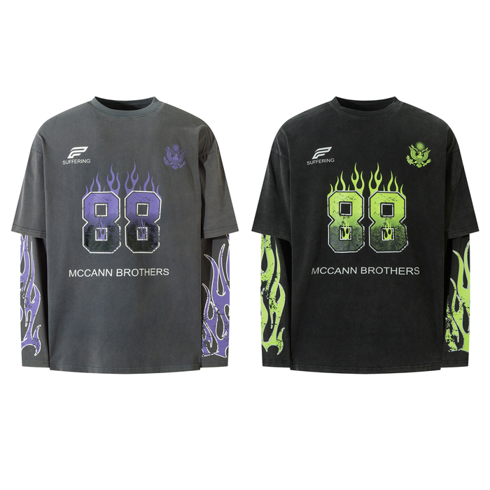 McCann Brothers Flaming 88 layered long sleeve tees in washed charcoal with purple flames and washed black with neon green fl