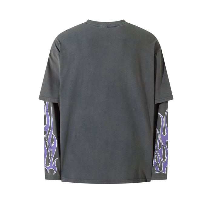Back view of charcoal long sleeve tee with plain back and purple flame print on the sleeves