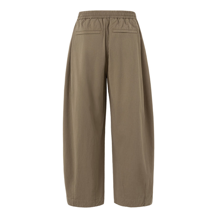 Back view of taupe brown wide-leg pants with an elastic waistband and two rear pockets