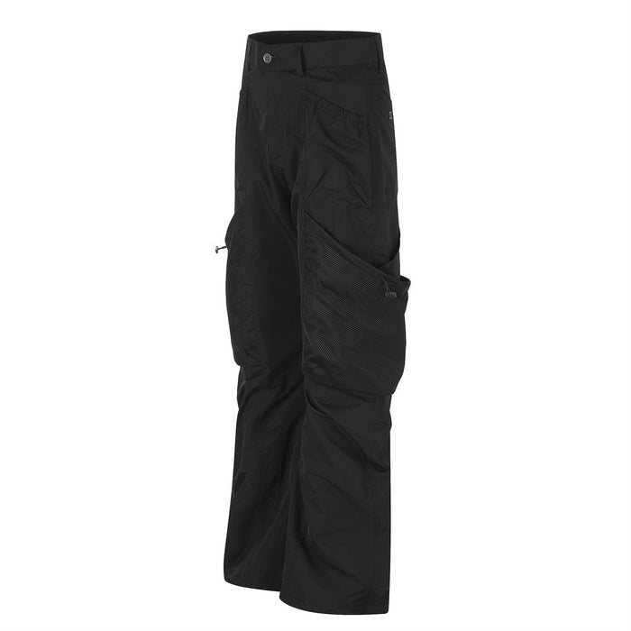 Black cargo utility pants, angled side view with large mesh leg pocket panels