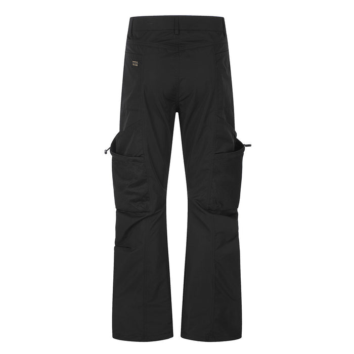 Black cargo utility pants, back view with wide legs and mesh cargo pockets