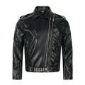 Men's black pebbled PU leather moto jacket with asymmetric double zip, spread collar, chest zip pockets, and studded eyelet b