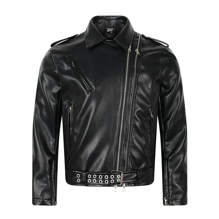 Men's black pebbled PU leather moto jacket with asymmetric double zip, spread collar, chest zip pockets, and studded eyelet b