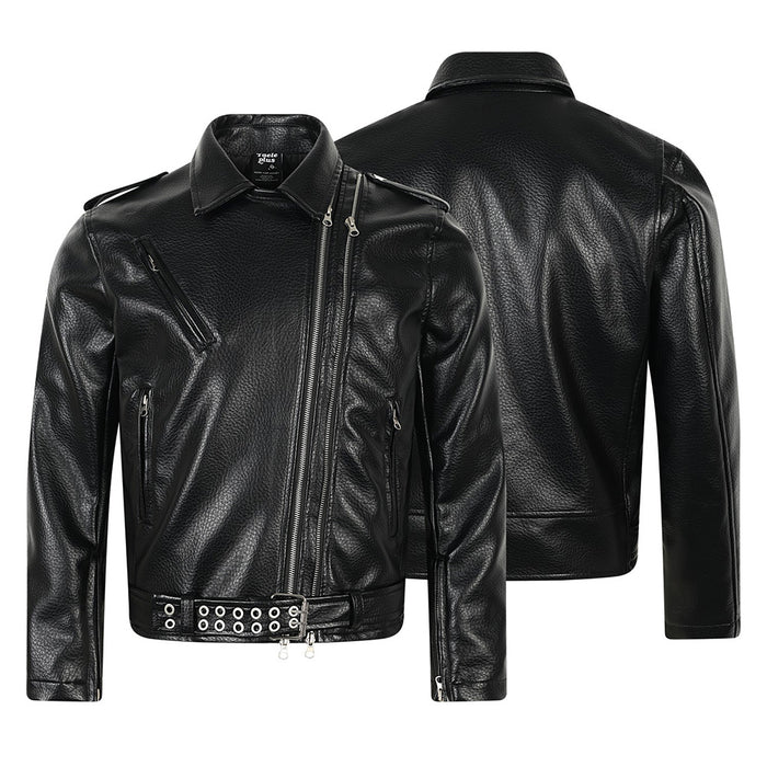 Black PU leather moto jacket front and back view with asymmetrical double zipper and belted hem