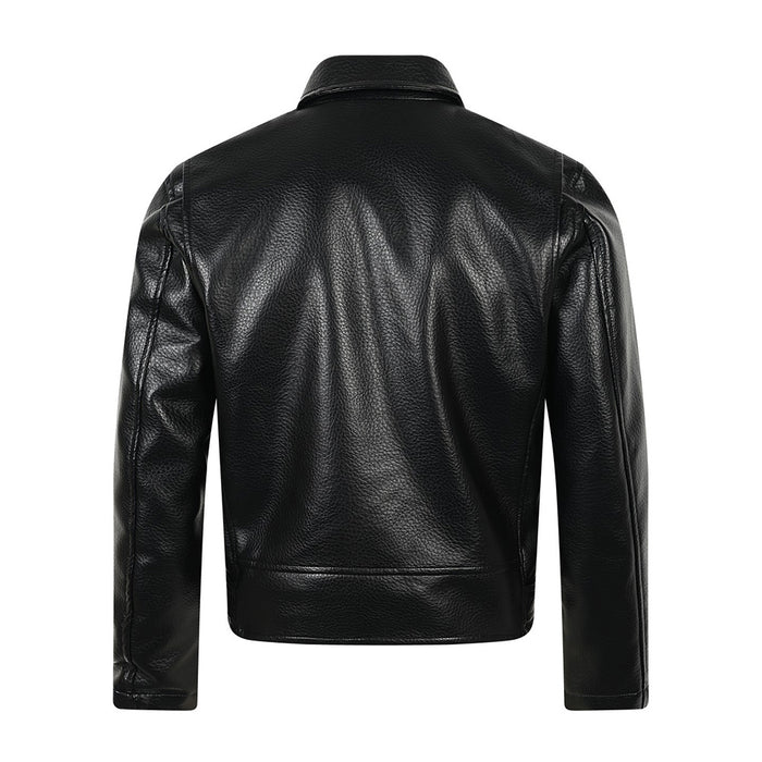 Black PU leather moto jacket back view with straight hem and long sleeves