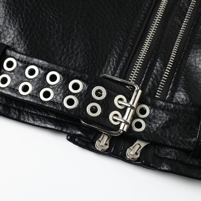 Close-up of belted hem on black PU leather jacket with silver grommets and buckle