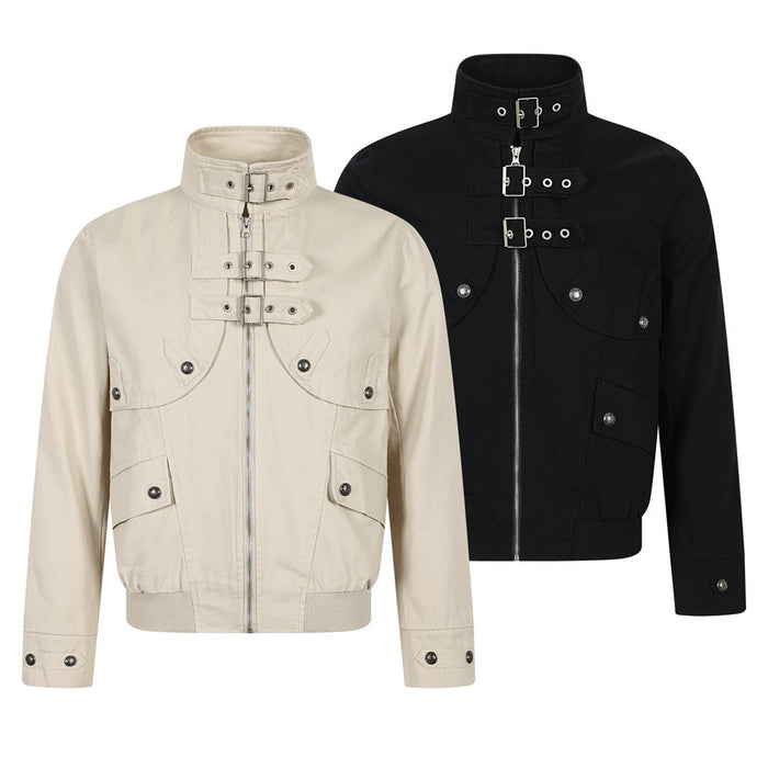 Cropped high-collar bomber jackets in cream and black with front zippers, buckle straps, and multiple buttoned pockets