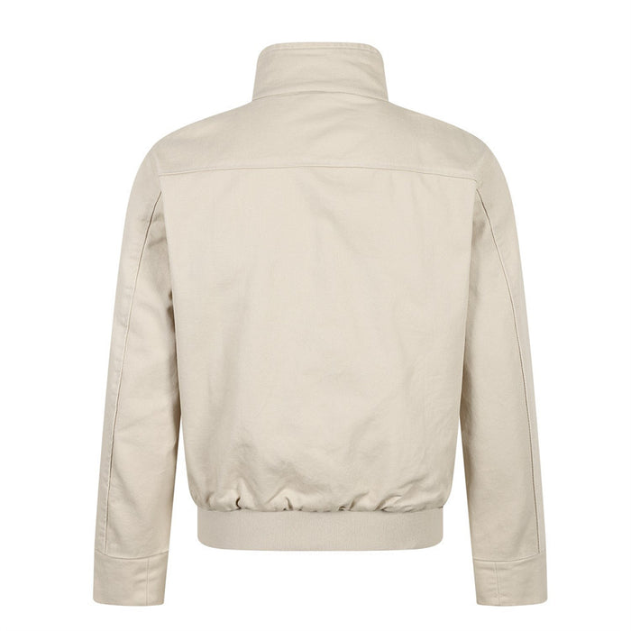 Back view of the cream cropped bomber jacket with a high collar, long sleeves, and gathered ribbed waistband