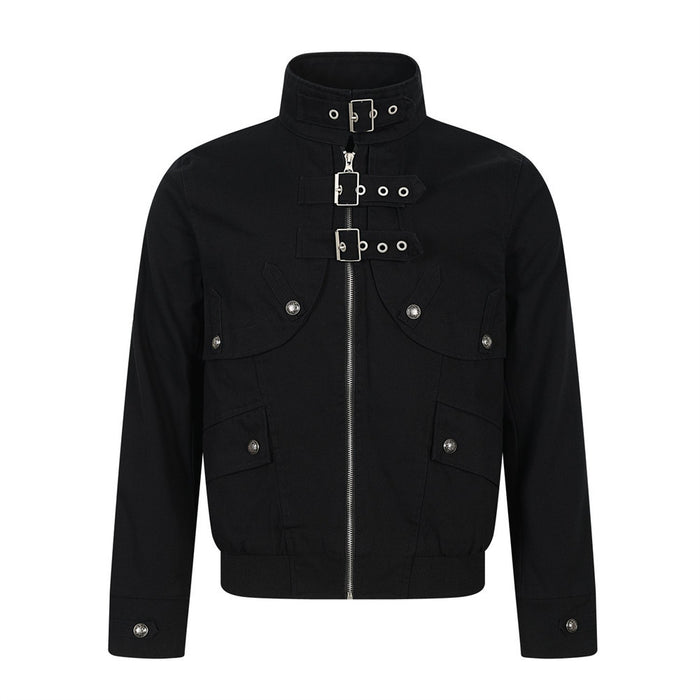 Black cropped bomber jacket front with high collar, double buckle straps, zip closure, and multiple buttoned pockets