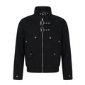 Black cropped bomber jacket front with high collar, double buckle straps, zip closure, and multiple buttoned pockets