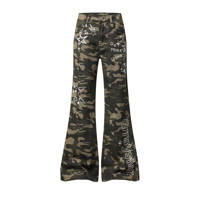 Men's olive camouflage flare jeans with white star and letter graphic print and rhinestone embellishments, front view