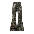 Men's olive camouflage flare jeans with white star and letter graphic print and rhinestone embellishments, front view