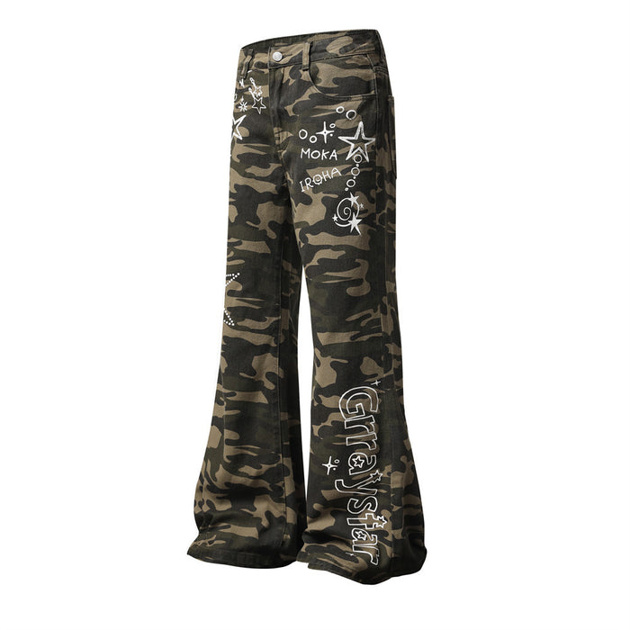 Front view of brown and black camouflage flare jeans with white star and letter graphics