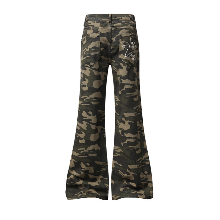 Back view of brown and black camouflage flare jeans with wide bell-bottom legs