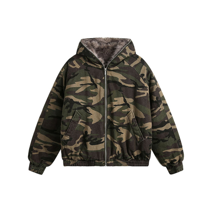 Men's oversized woodland camouflage hooded bomber jacket with grey faux fur lined hood and zip closure