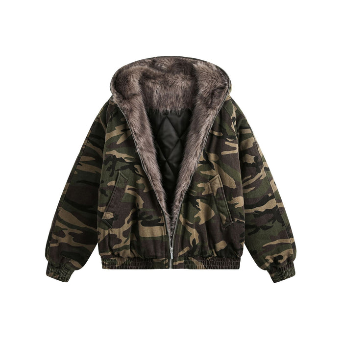 Front view of a camouflage hooded bomber jacket with a wide brown faux fur-lined hood and black quilted interior