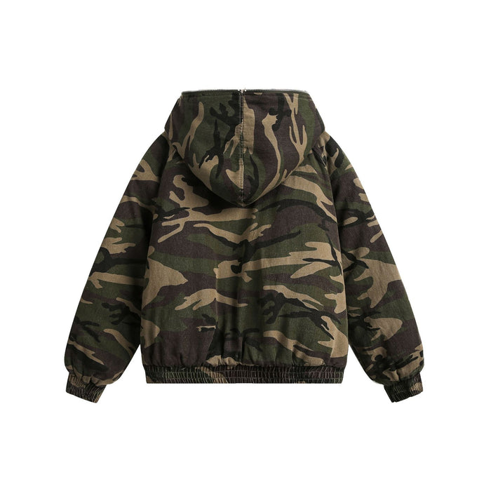 Back view of a camouflage hooded bomber jacket showing the attached hood, sleeves, and ribbed hem