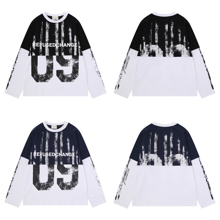 Colorblock long-sleeve tees shown in black and navy, with front and back views, distressed vertical graphics and large 09