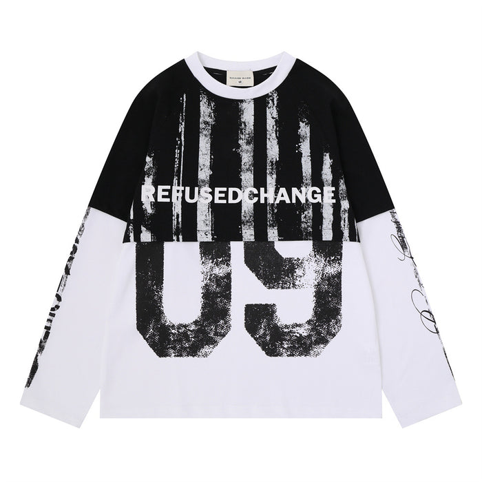 Black and white colorblock long-sleeve tee front with distressed stripes, REFUSED CHANGE lettering and oversized 09 graphic
