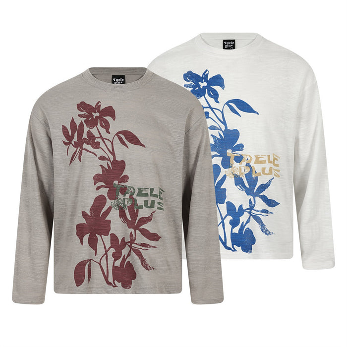 Two oversized long sleeve crewneck tees in taupe and white, featuring large floral shadow prints