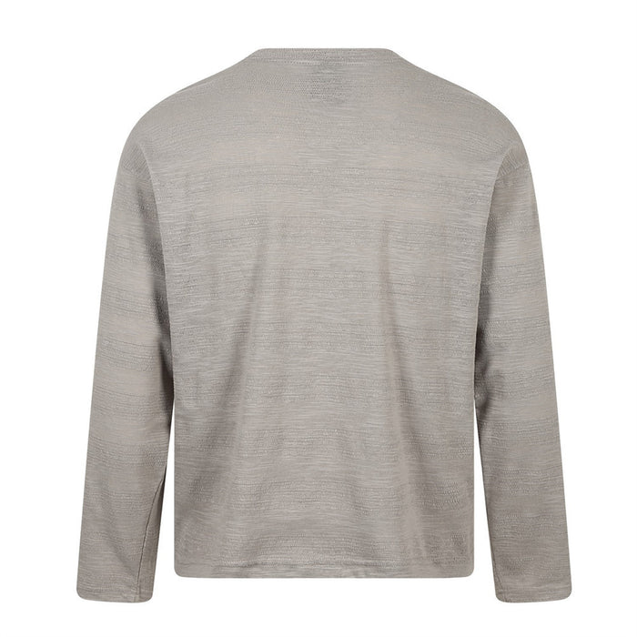 Back view of a taupe oversized long sleeve crewneck tee with a plain design