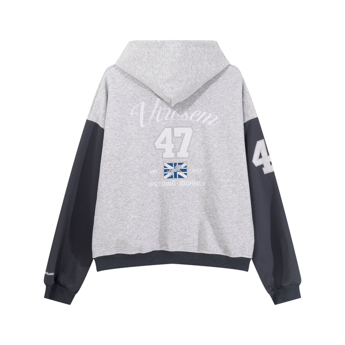 Back view of light gray zip hoodie with black sleeves and large Virosem 47 graphic