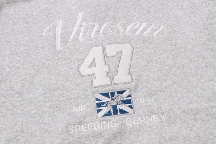 Close-up of back graphic on light gray hoodie showing Virosem 47 and speeding journey text