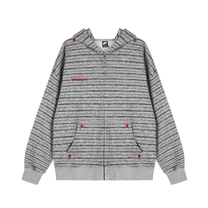 Men's oversized striped vintage zip-up hoodie in light grey with red star embroidery details