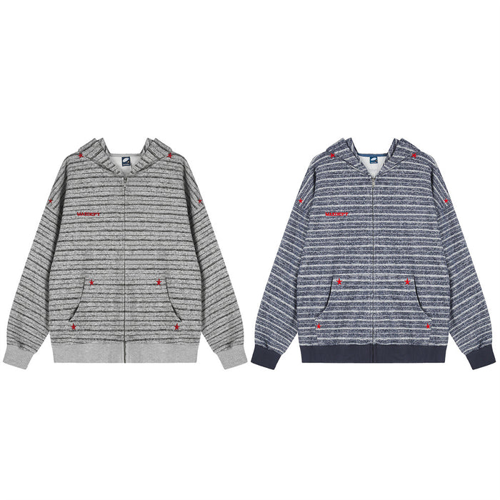 Gray and navy striped full-zip hoodies shown from the front with red accents and ribbed cuffs