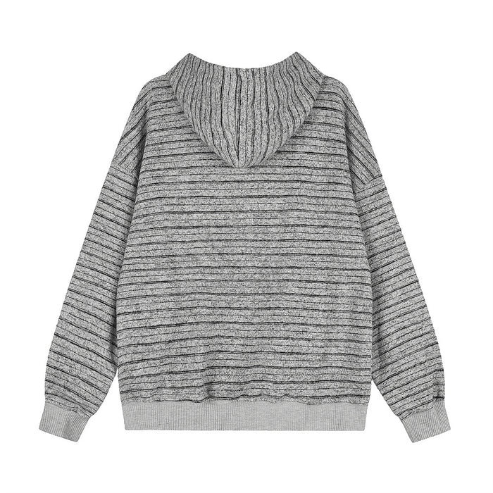 Back view of a gray striped full-zip hoodie with a hood and ribbed hem and cuffs
